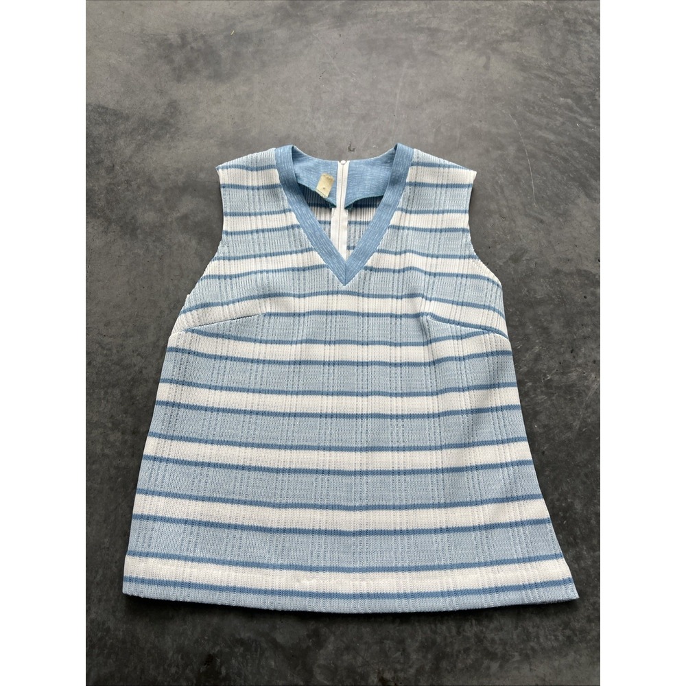 Vintage Blue White Striped Knit Sleeveless V-Neck Top Back Zip RN35114 Size 16.5